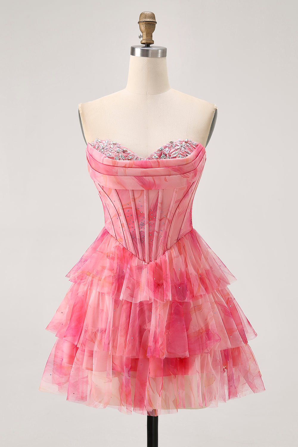 Sparkly Red Beaded Short Tiered Corset Homecoming Dress with Ruffles