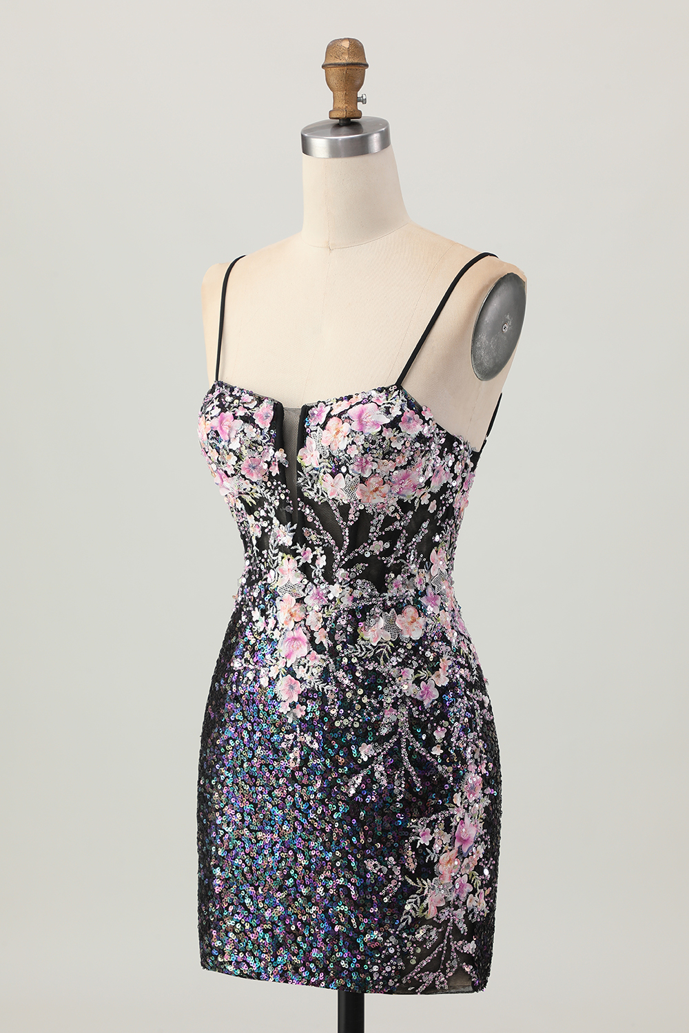 Sparkly Black Pink Floral Sequins Tight Short Corset Homecoming Dress
