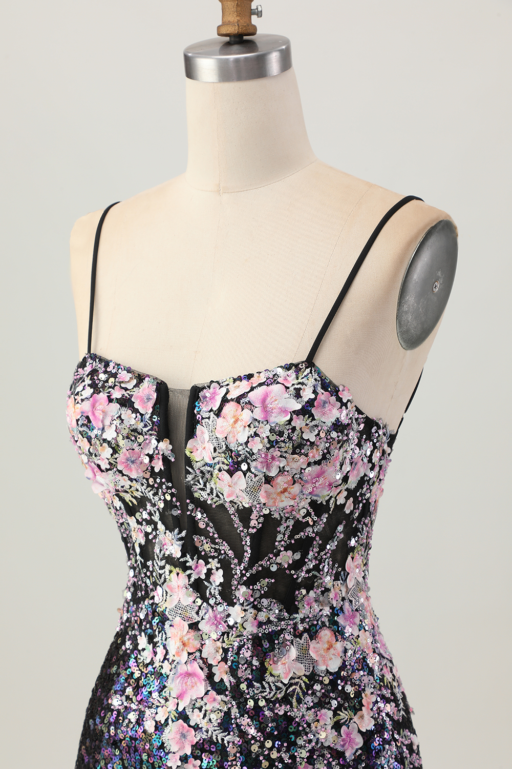 Sparkly Black Pink Floral Sequins Tight Short Corset Homecoming Dress