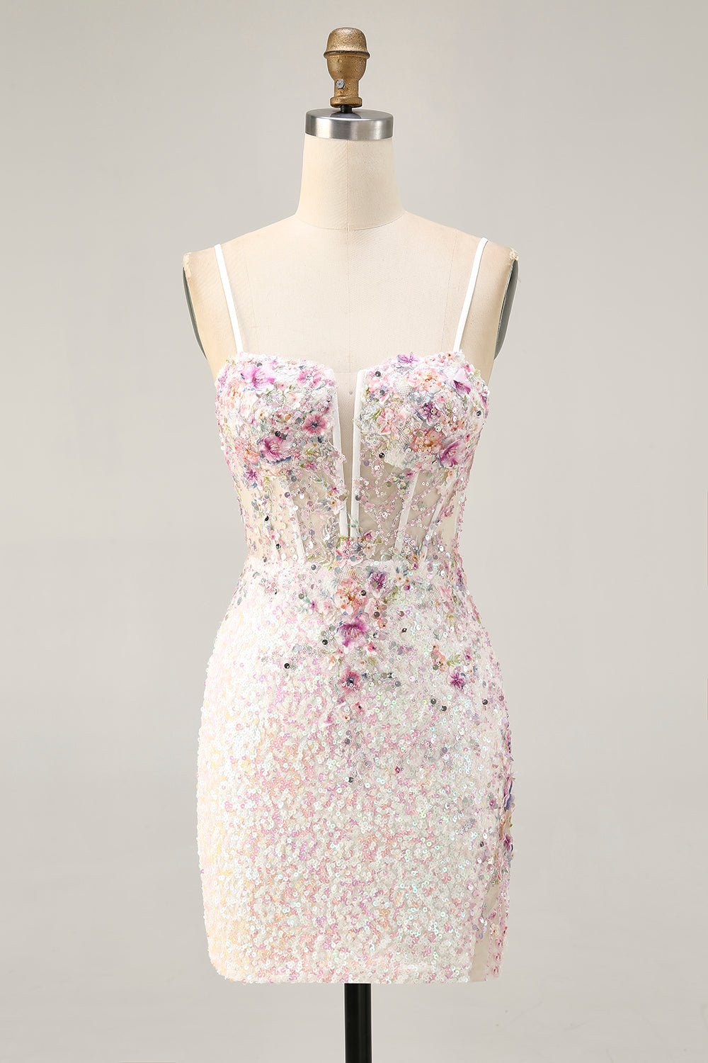 Sparkly Floral White Sequins Tight Short Corset Homecoming Dress