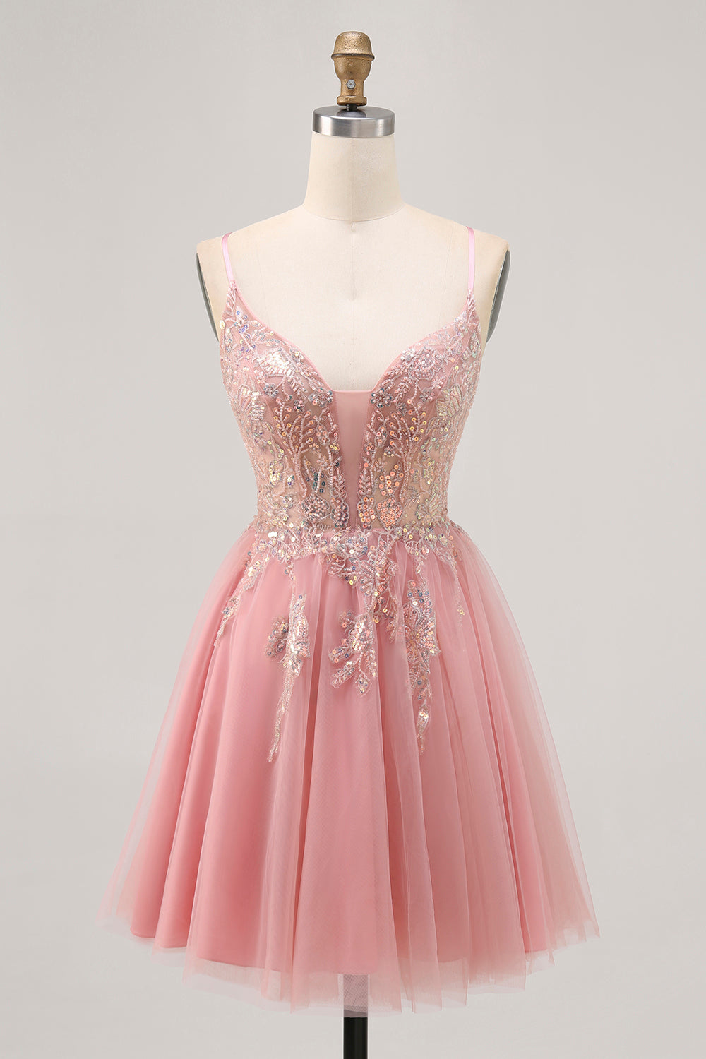 Sparkly Blush Beaded Sequined Tulle A Line Short Homecoming Dress