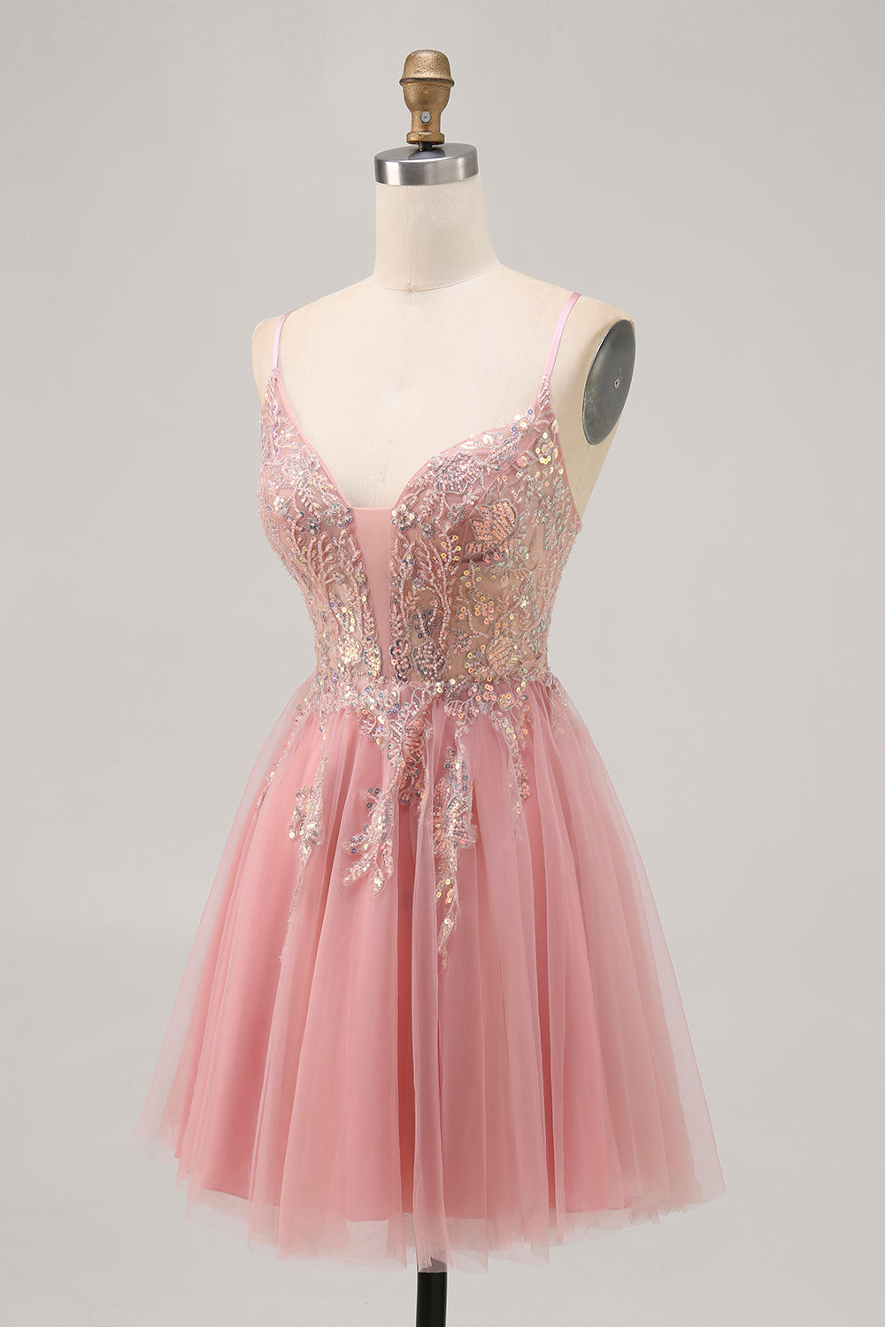 Sparkly Blush Beaded Sequined Tulle A Line Short Homecoming Dress