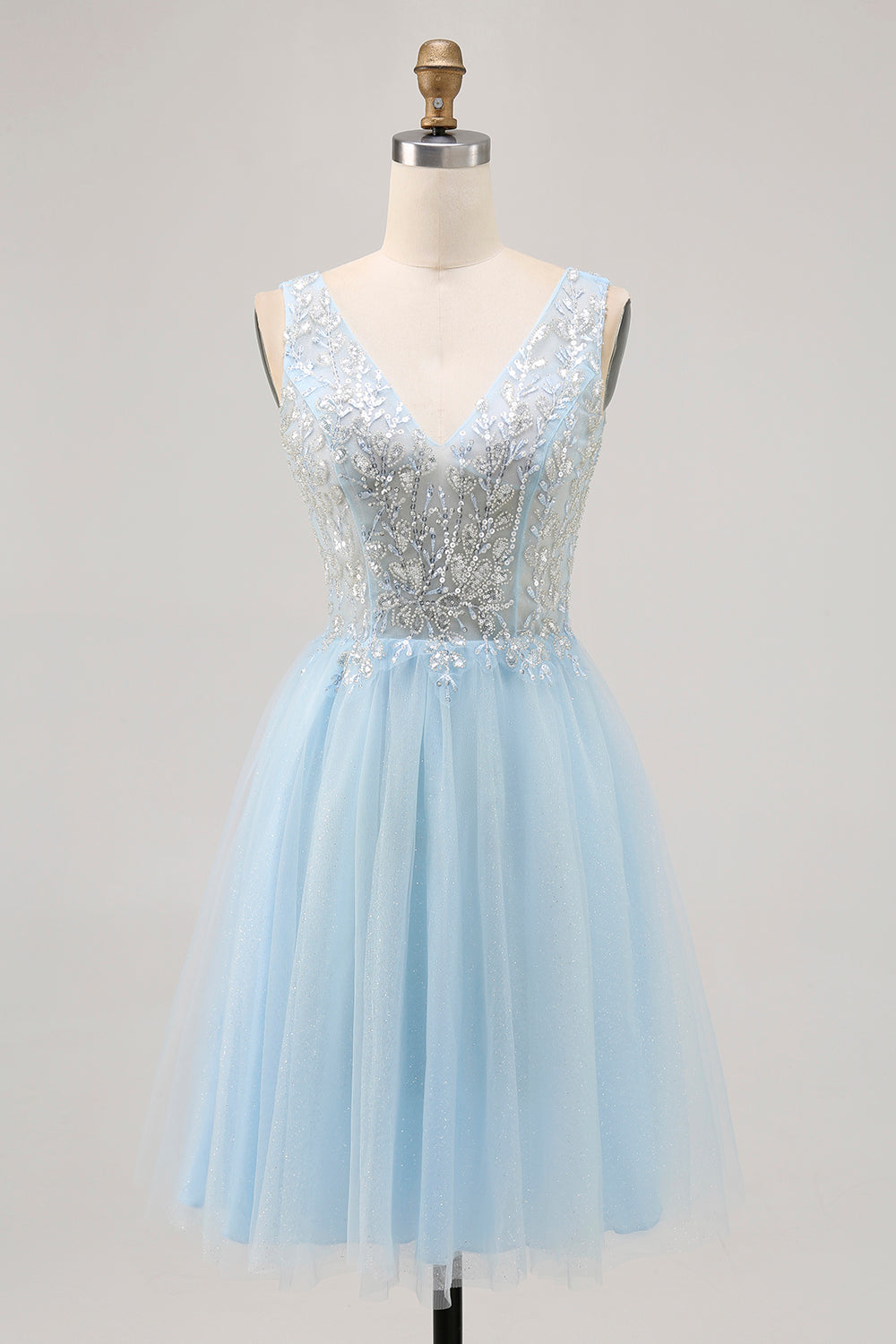 Sparkly Blue Tulle Beaded V-Neck Short Corset Homecoming Dress