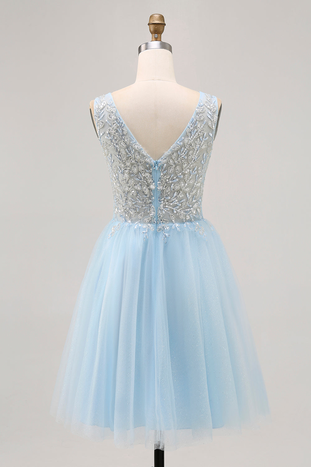 Sparkly Blue Tulle Beaded V-Neck Short Corset Homecoming Dress