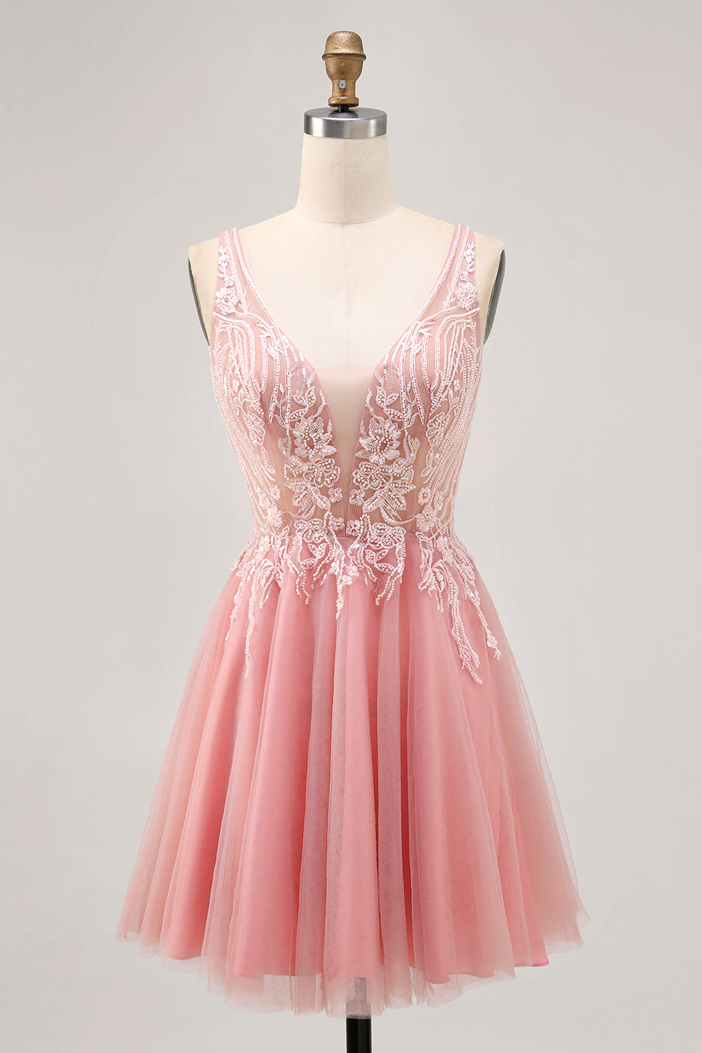 Sparkly Blush Tulle V-Neck Beaded Short Homecoming Dress with Lace