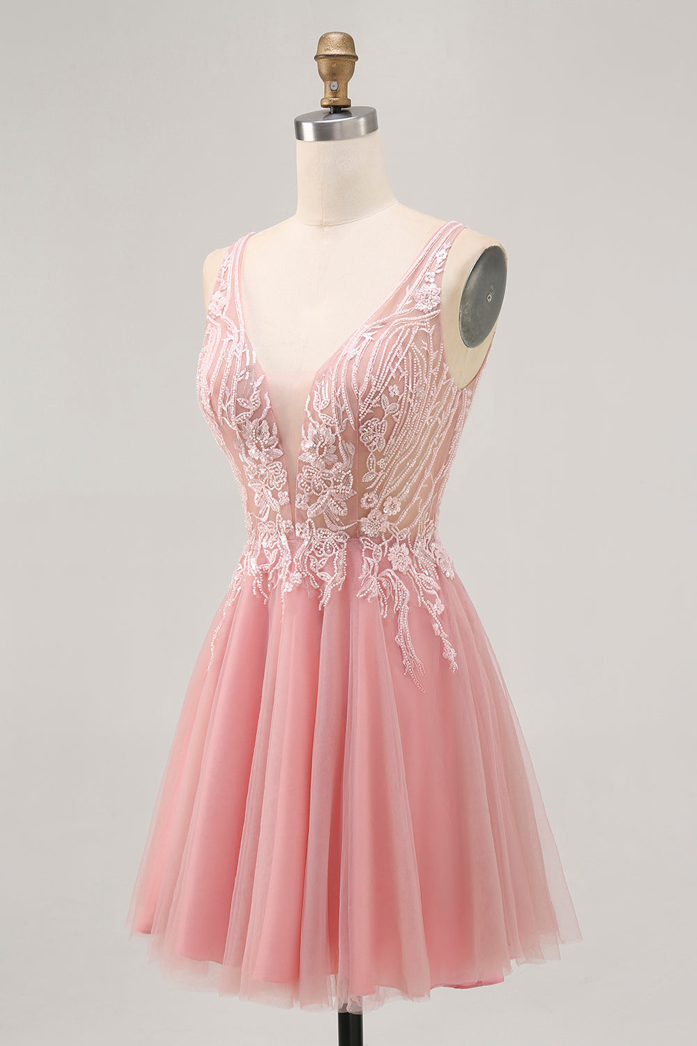Sparkly Blush Tulle V-Neck Beaded Short Homecoming Dress with Lace