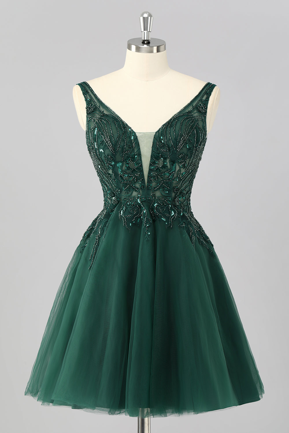 Sparkly Dark Green Tulle Short A Line Homecoming Dress with Beading