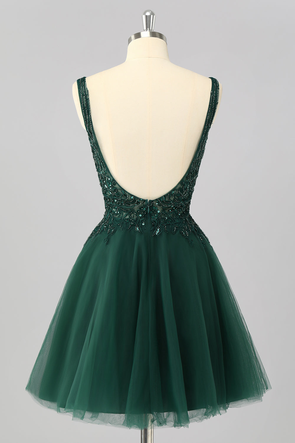 Sparkly Dark Green Tulle Short A Line Homecoming Dress with Beading