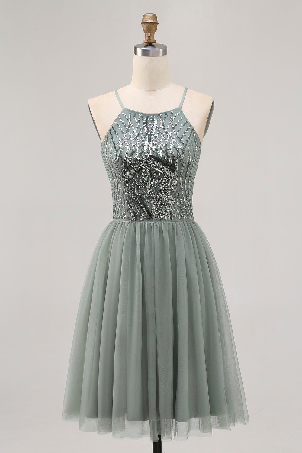Sparkly Grey Green Tulle Halter Short Homecoming Dress with Sequins