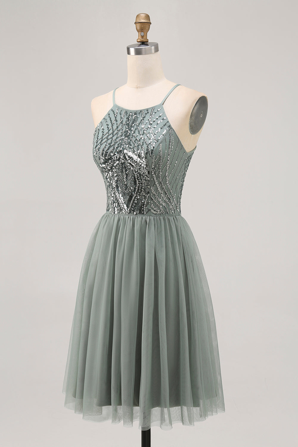 Sparkly Grey Green Tulle Halter Short Homecoming Dress with Sequins