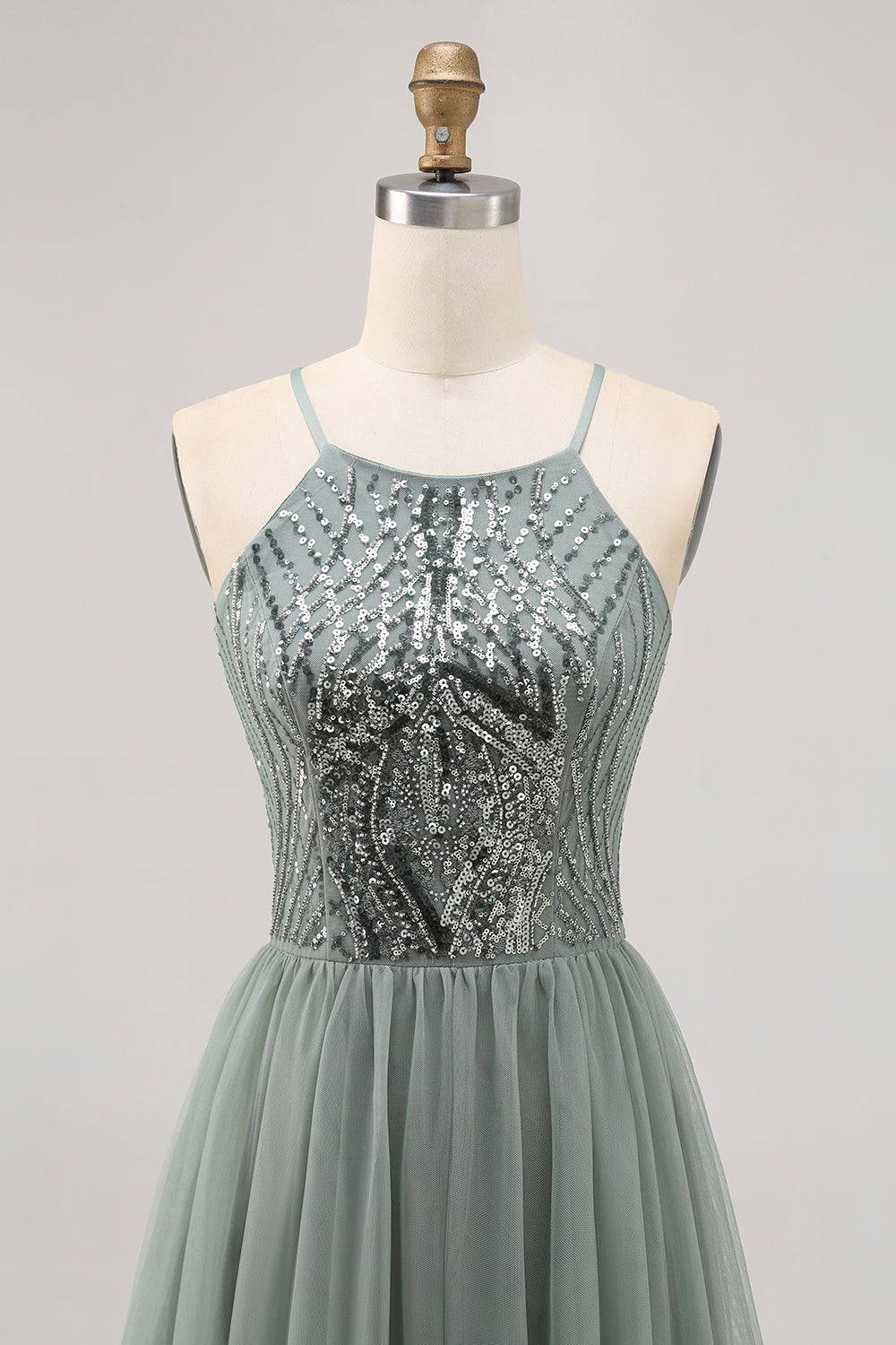 Sparkly Grey Green Tulle Halter Short Homecoming Dress with Sequins