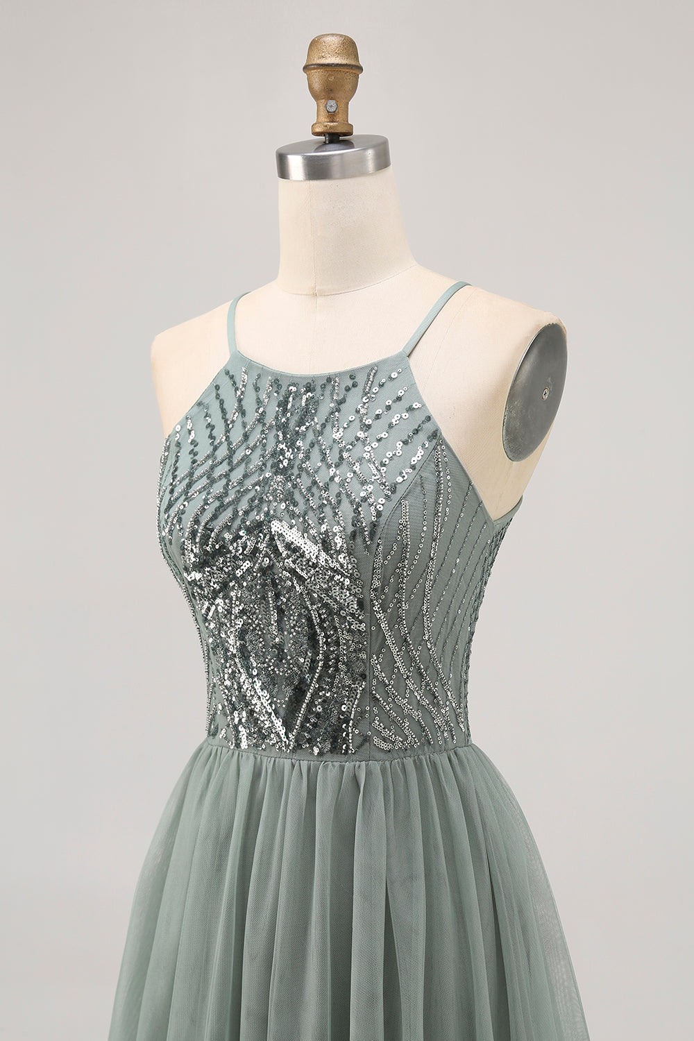 Sparkly Grey Green Tulle Halter Short Homecoming Dress with Sequins