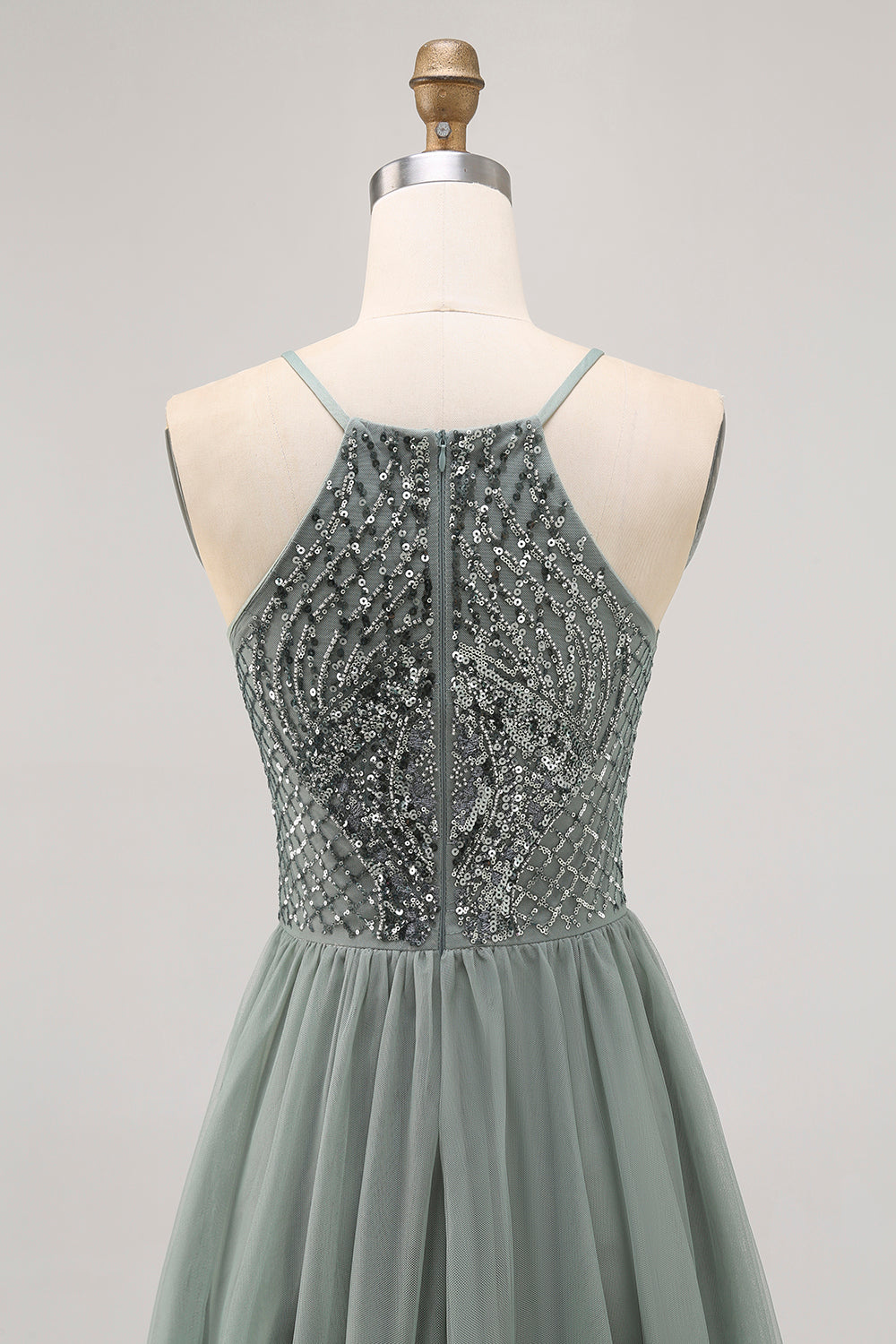 Sparkly Grey Green Tulle Halter Short Homecoming Dress with Sequins