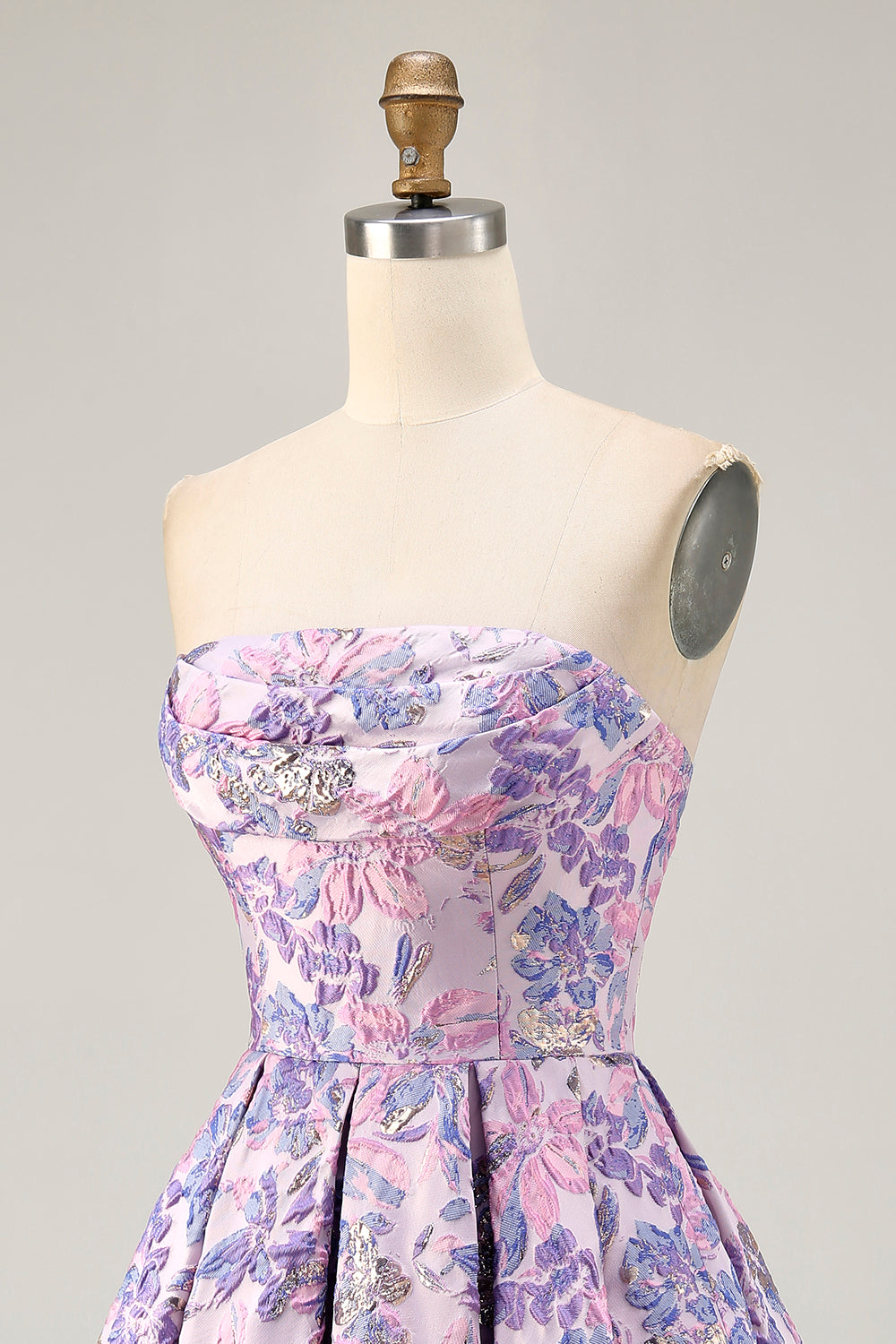 Lilac Floral Ruched Strapless Short Homecoming Dress