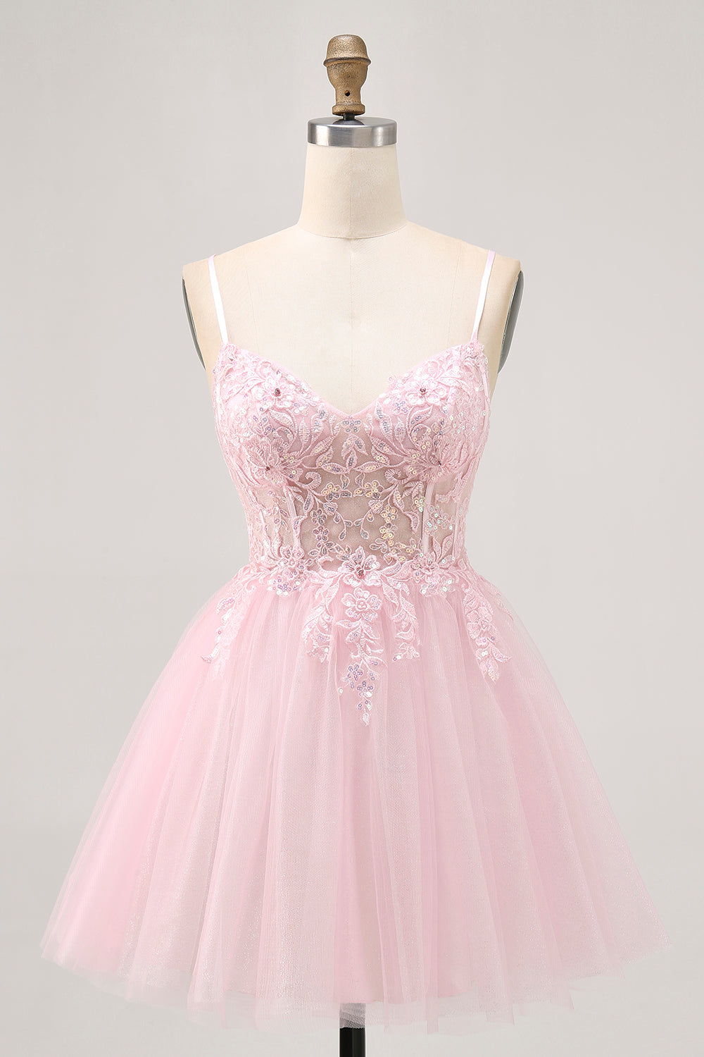 Sparkly A Line Pink Short Corset Homecoming Dress with Lace