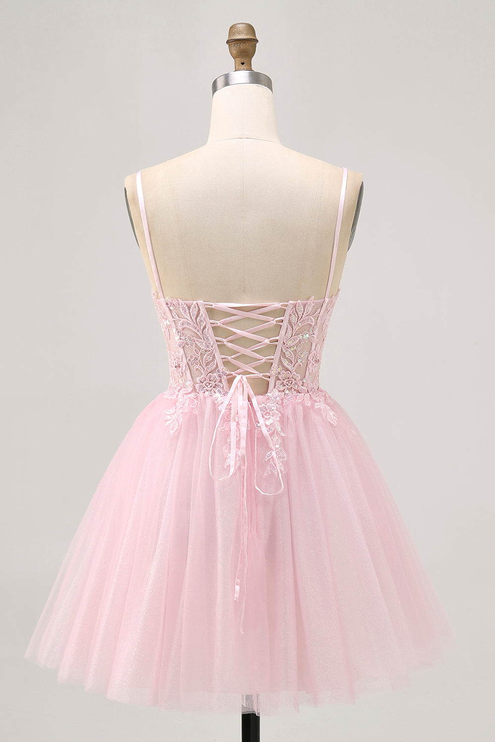 Sparkly A Line Pink Short Corset Homecoming Dress with Lace