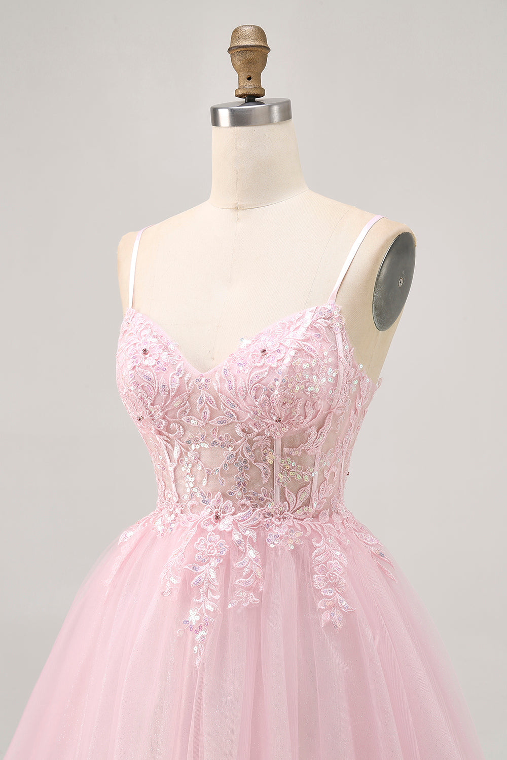 Sparkly A Line Pink Short Corset Homecoming Dress with Lace