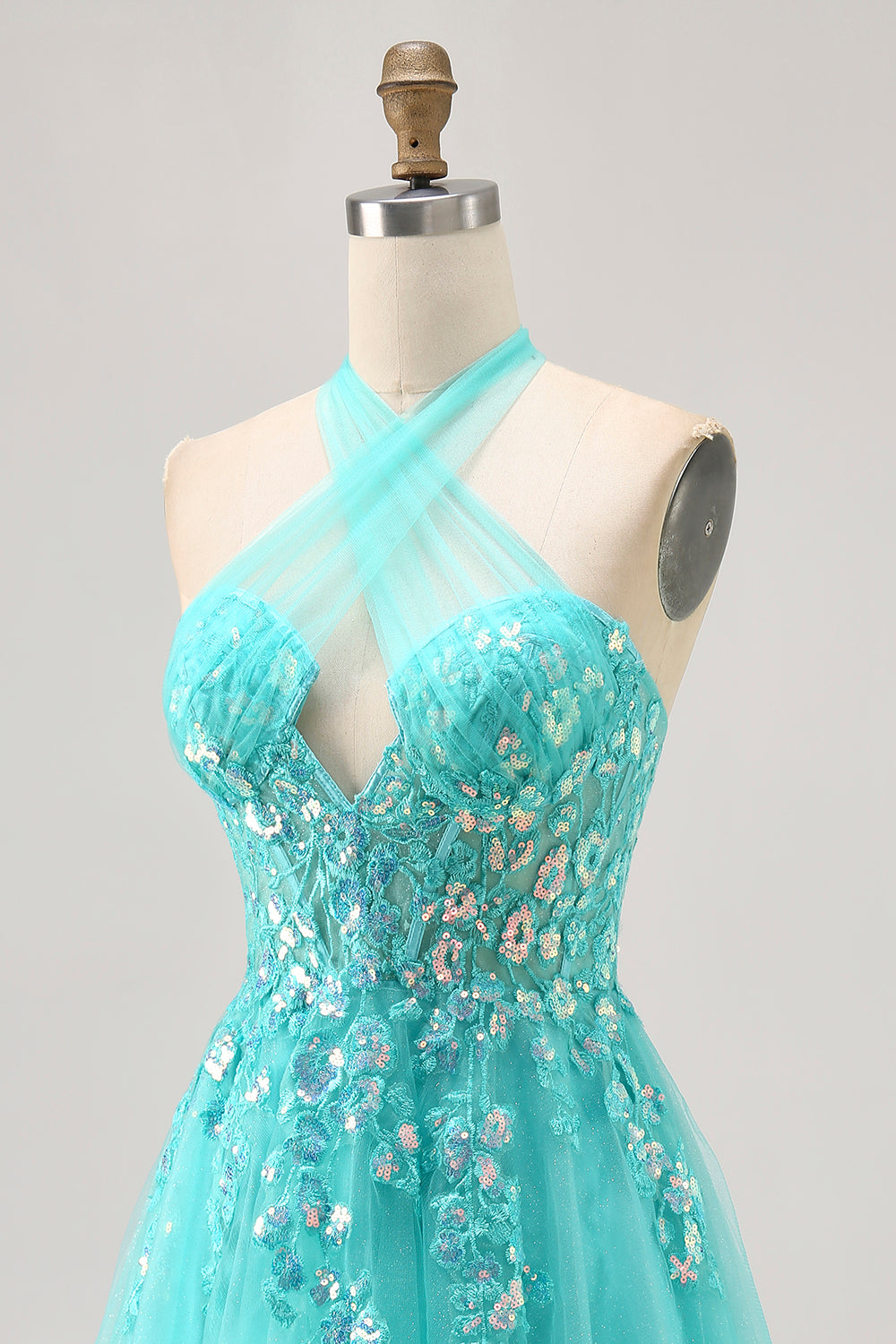 Sparkly Halter Green Short Corset Homecoming Dress with Appliques