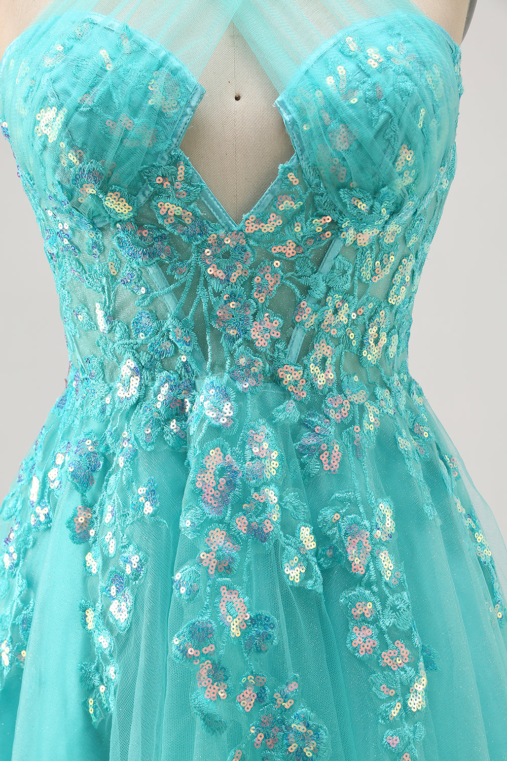 Sparkly Halter Green Short Corset Homecoming Dress with Appliques