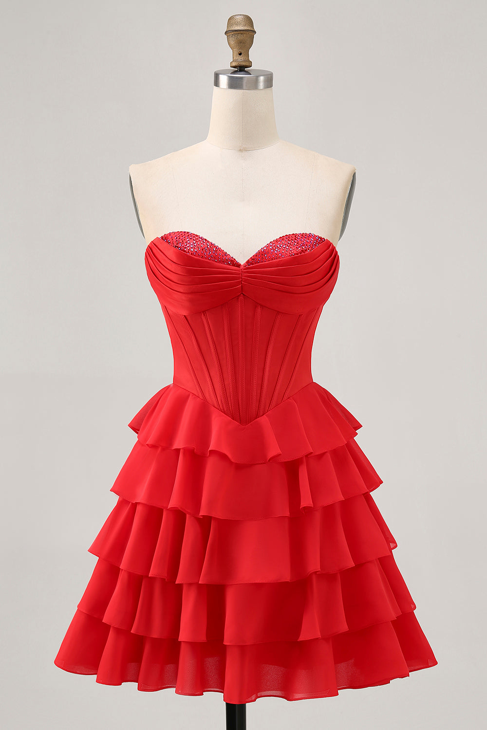Sparkly Red Ruffled Tiered Sweetheart Short Corset Homecoming Dress with Beading