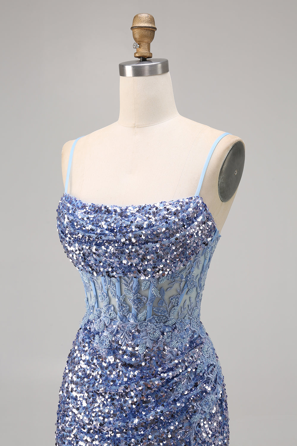 Sparkly Grey Blue Sequins Corset Tight Short Homecoming Dress with Slit