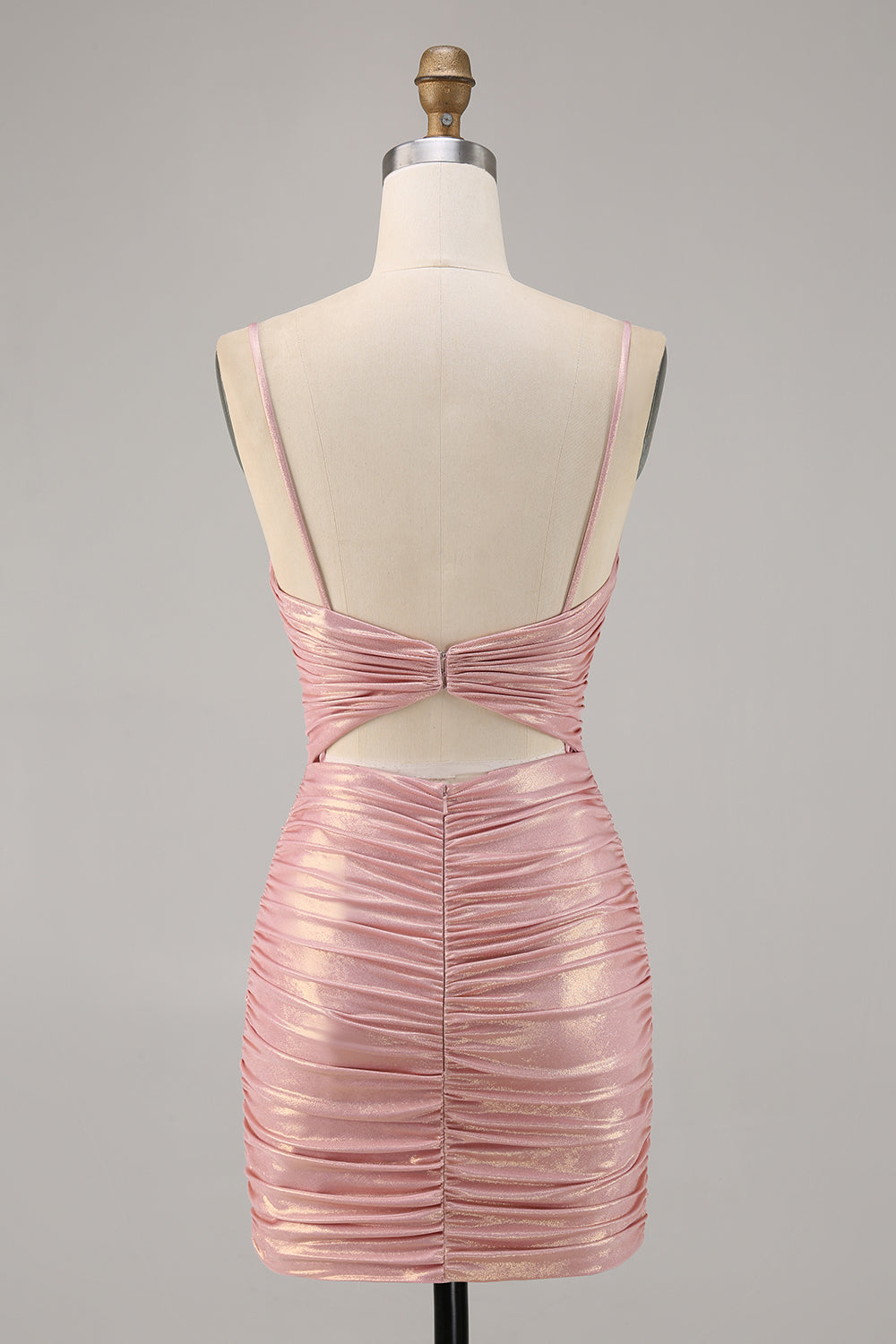 Sparkly Blush Metallic Spaghetti Straps Cut Out Tight Short Homecoming Dress