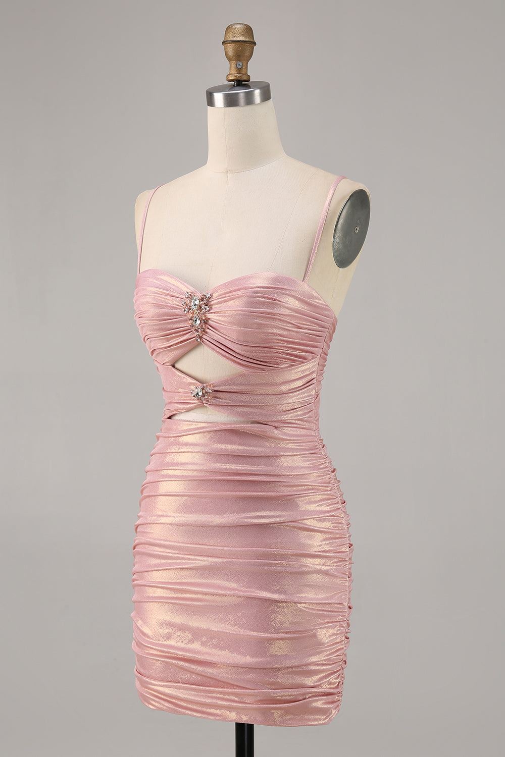 Sparkly Blush Metallic Spaghetti Straps Cut Out Tight Short Homecoming Dress