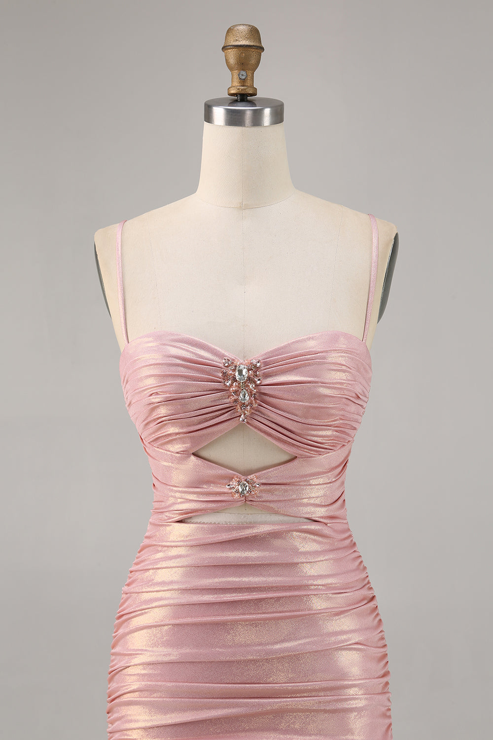 Sparkly Blush Metallic Spaghetti Straps Cut Out Tight Short Homecoming Dress