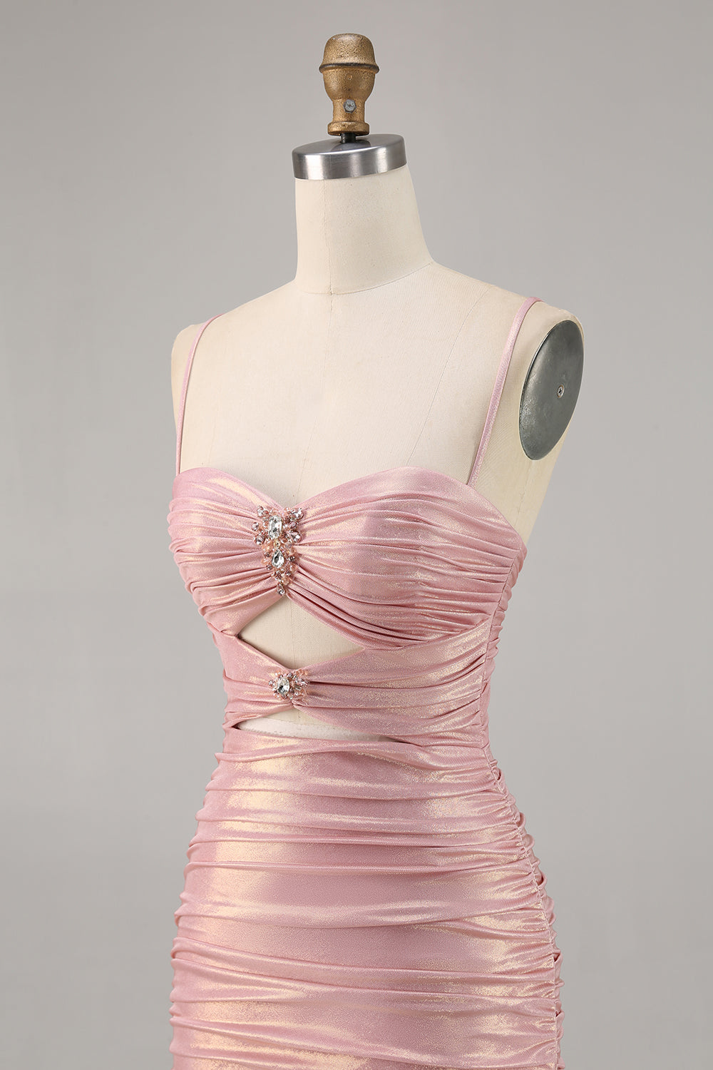 Sparkly Blush Metallic Spaghetti Straps Cut Out Tight Short Homecoming Dress