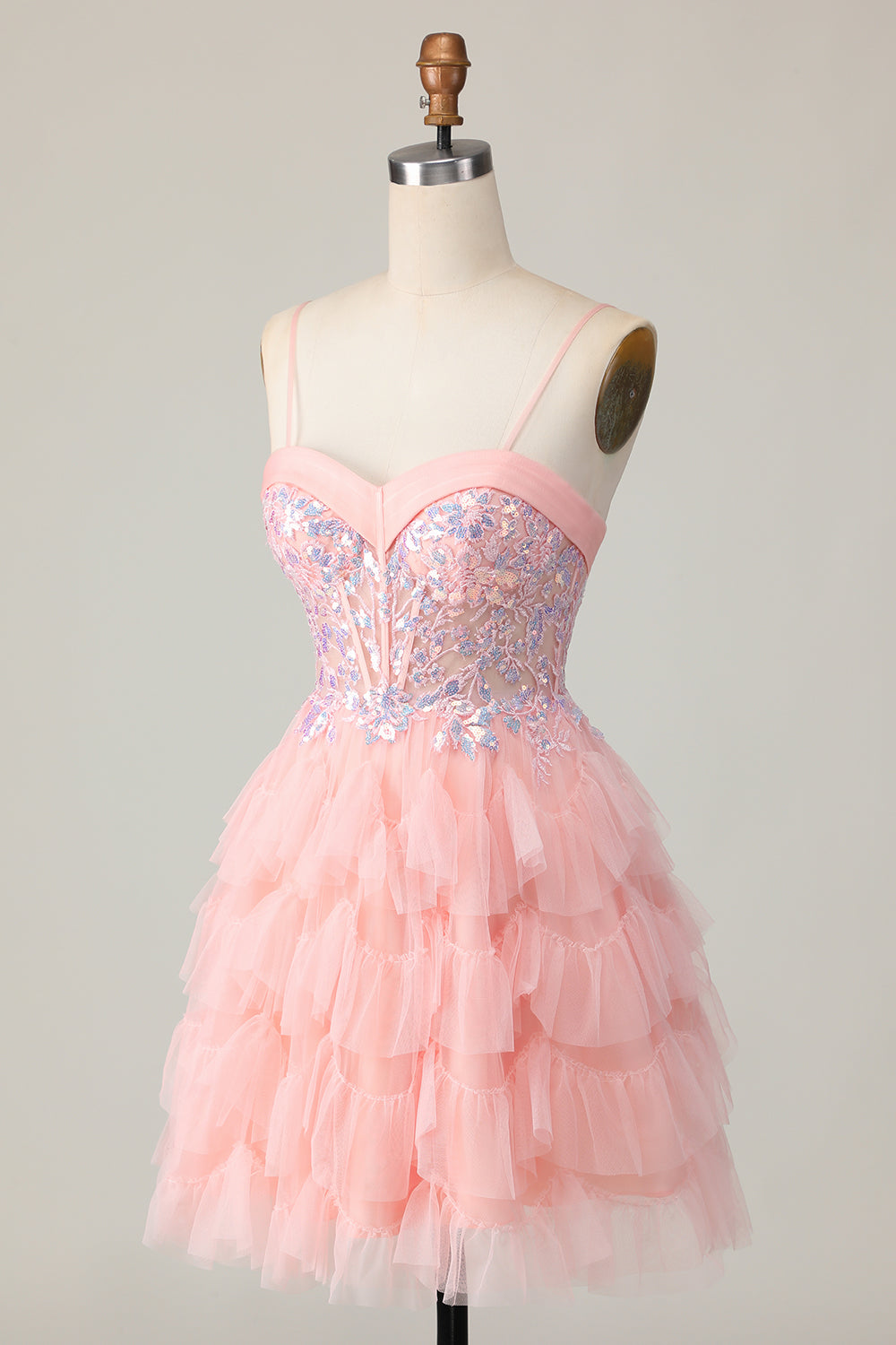 Pink Tulle Spaghetti Straps Corset Short Homecoming Dress with Ruffles
