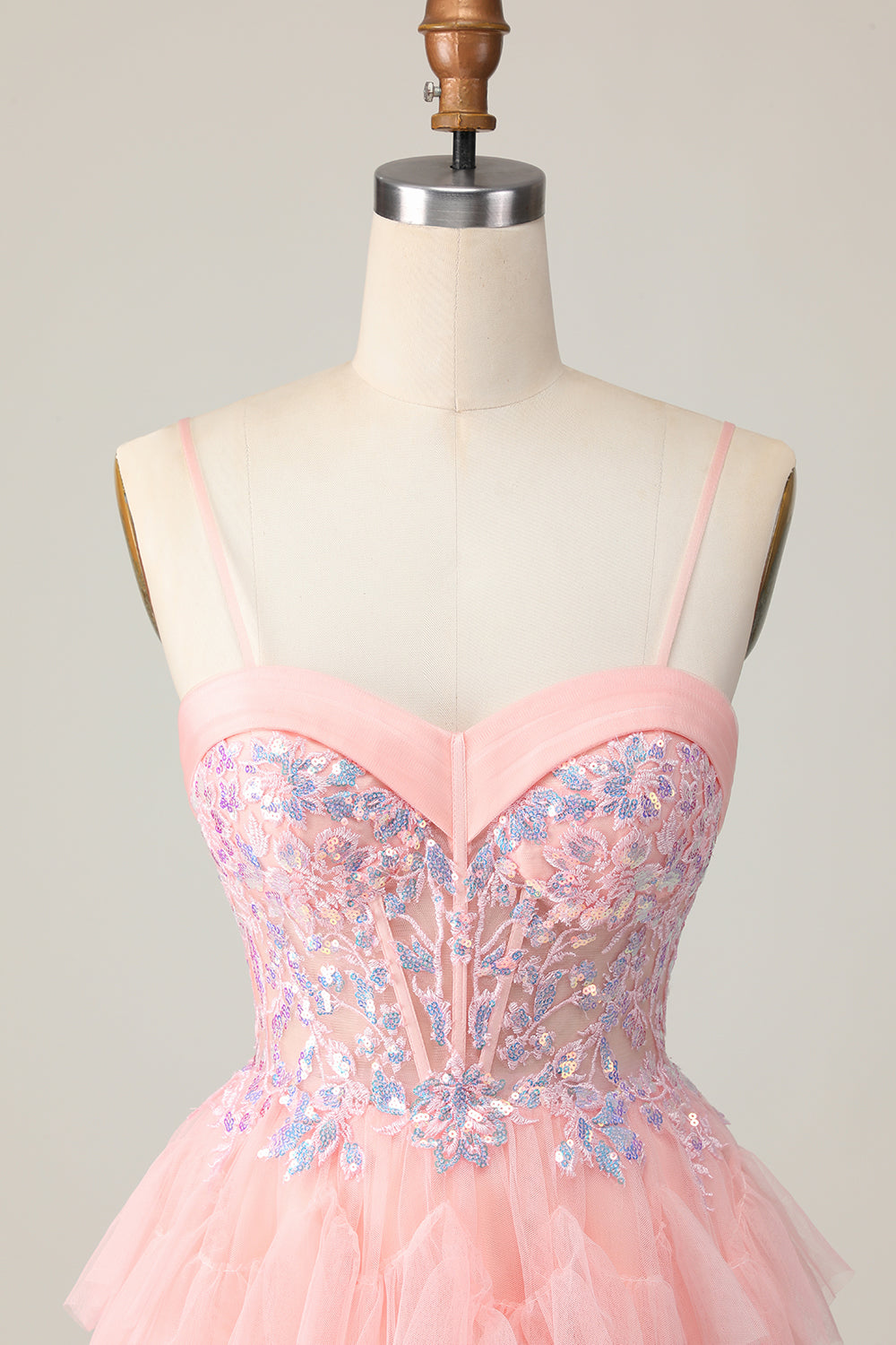 Pink Tulle Spaghetti Straps Corset Short Homecoming Dress with Ruffles