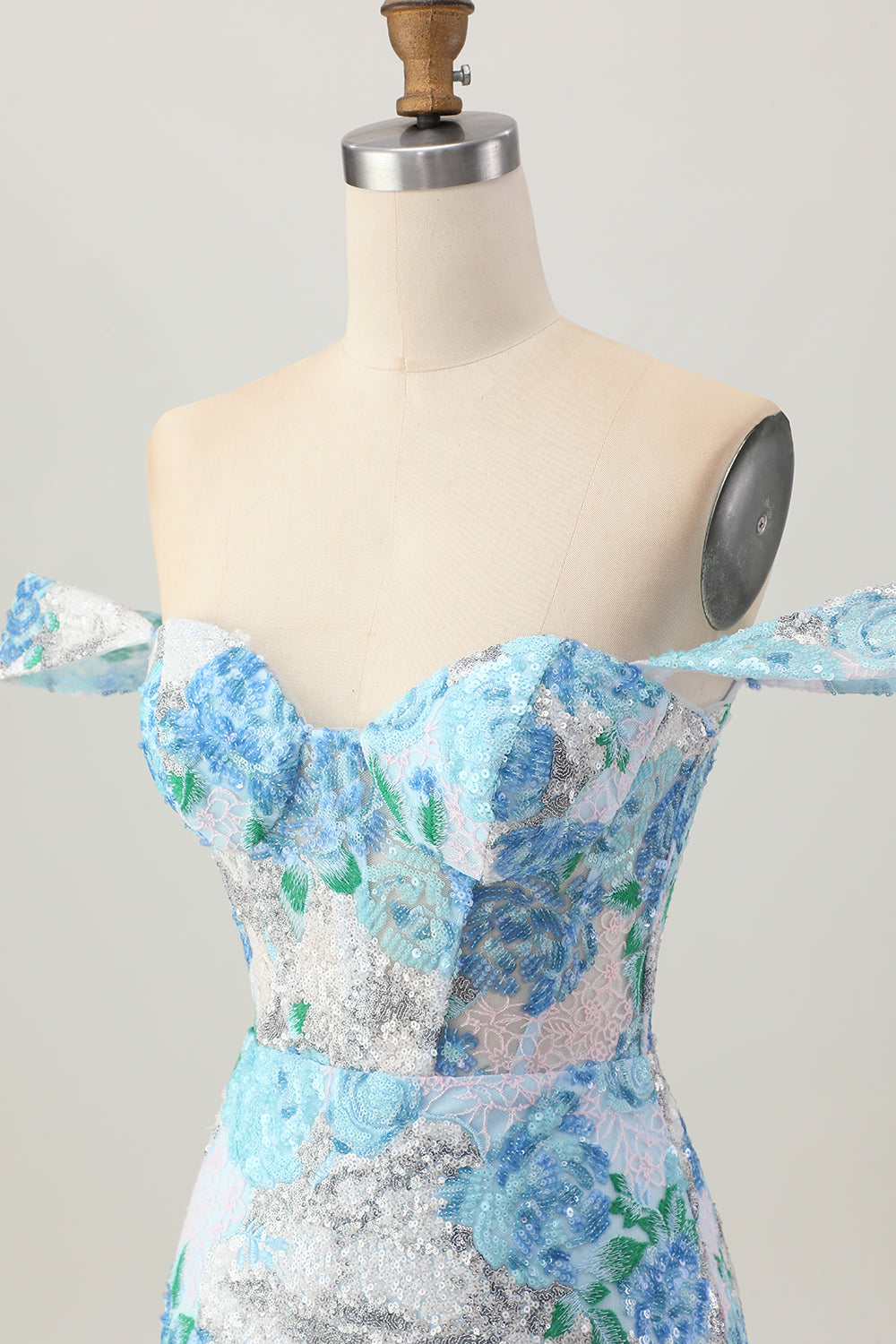 Sparkly White Blue Floral Off The Shoulder Sequin Short Tight Homecoming Dress