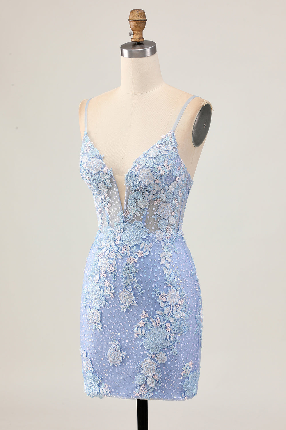Sparkly Floral Light Blue Tight Short Corset Homecoming Dress with Appliques