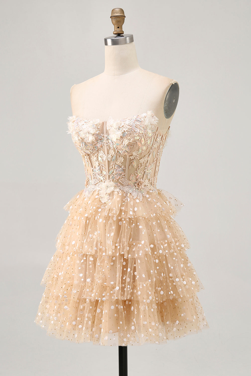 Sparkly Champagne Floral Short Corset Polka Dots Homecoming Dress