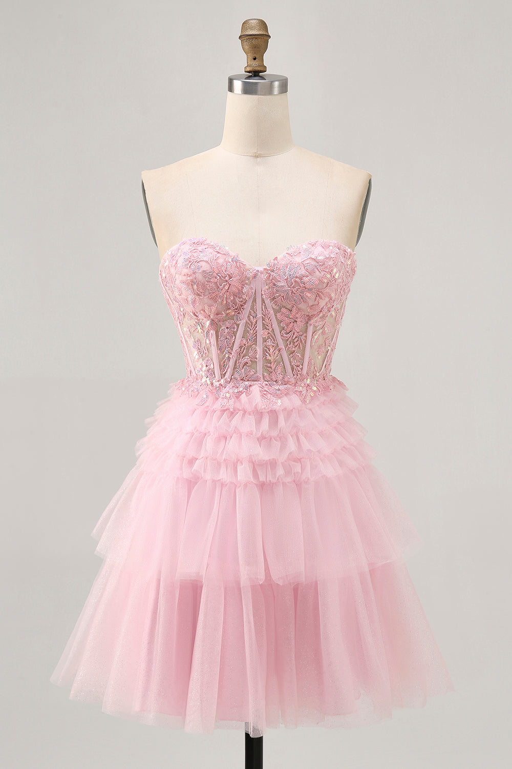 Sparkly Pink Tulle Tiered Sweetheart Short Corset Homecoming Dress with Lace