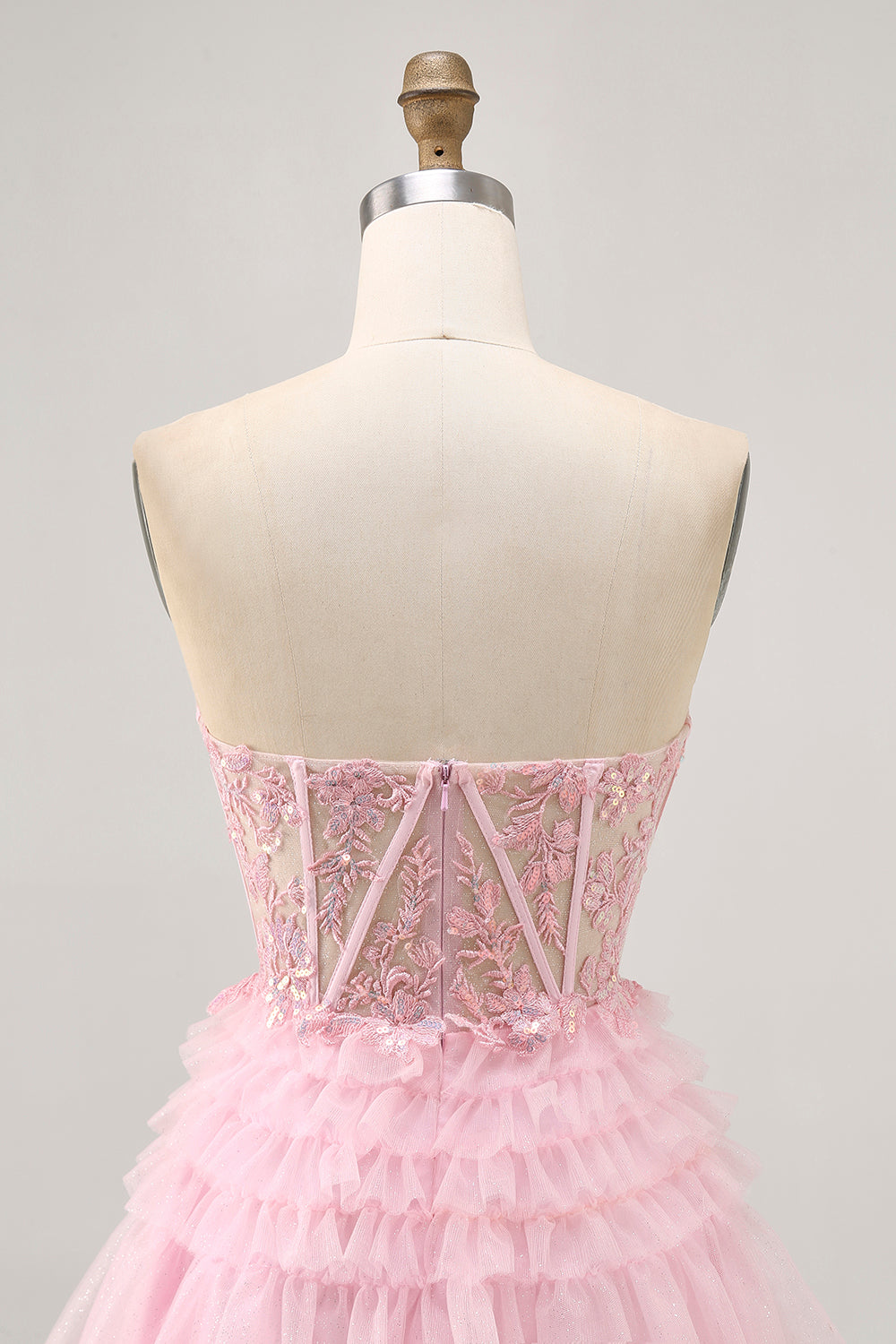 Sparkly Pink Tulle Tiered Sweetheart Short Corset Homecoming Dress with Lace