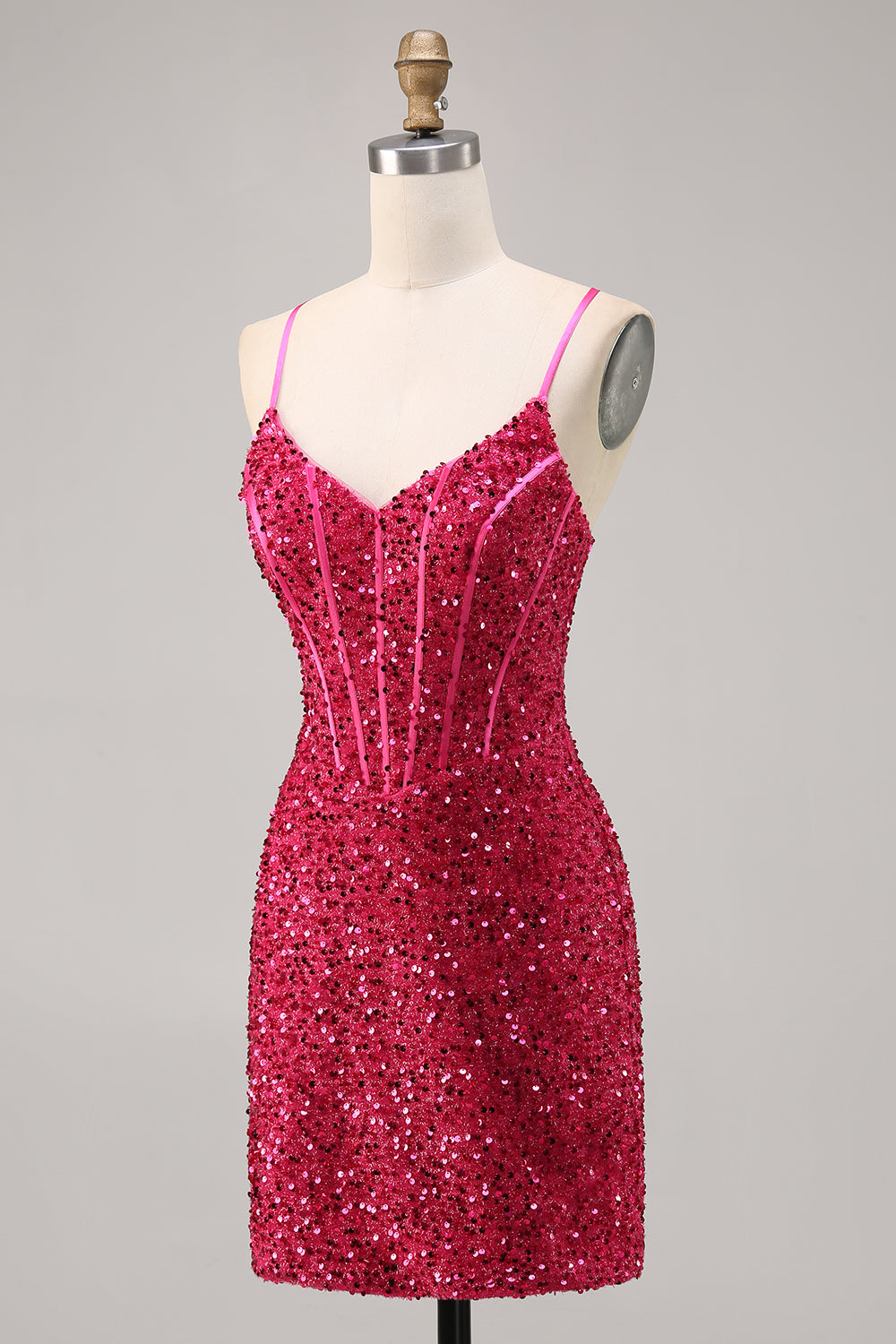 Sparkly Fuchsia Sequins Corset Tight Short Homecoming Dress