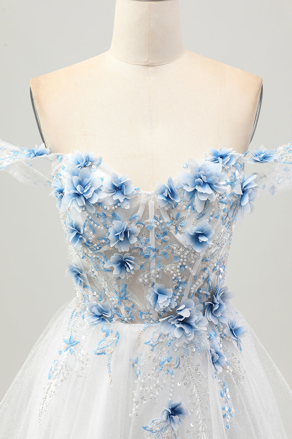 Sparkly White Blue  Beaded Short Corset Homecoming Dress with 3D Flower