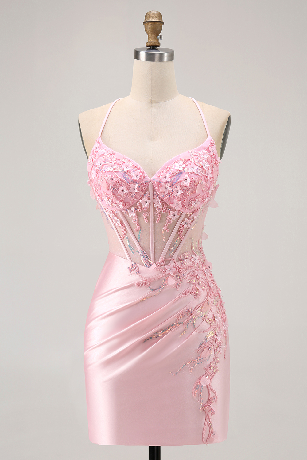 Sparkly Candy Pink Floral Beaded Ruched Tight Short Corset Homecoming Dress