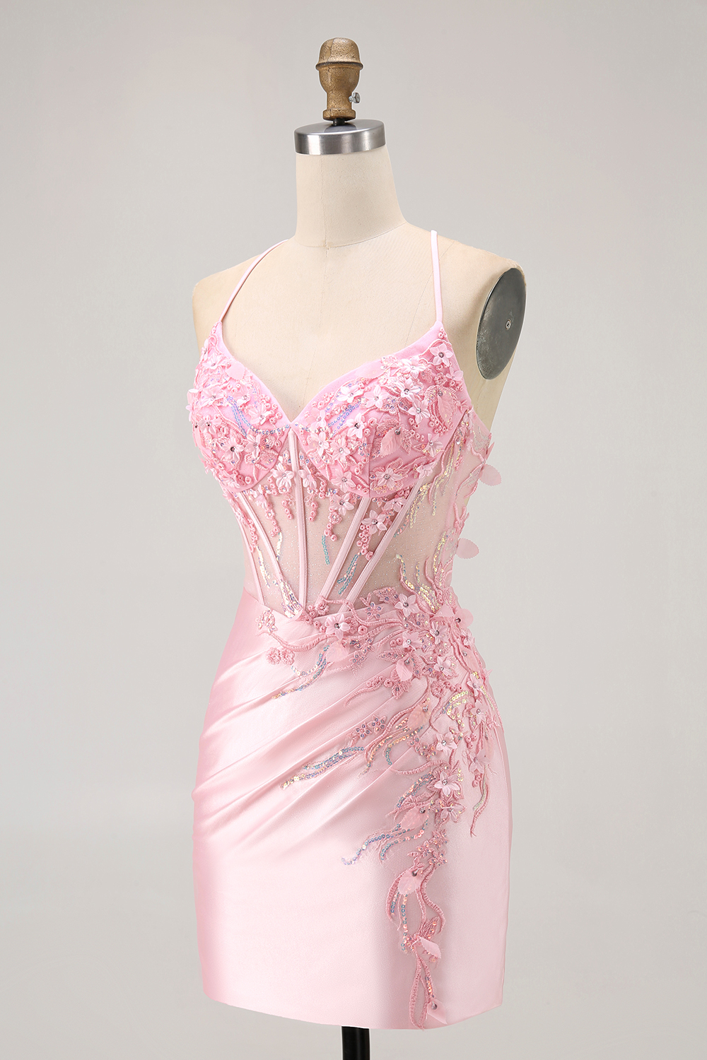 Sparkly Candy Pink Floral Beaded Ruched Tight Short Corset Homecoming Dress