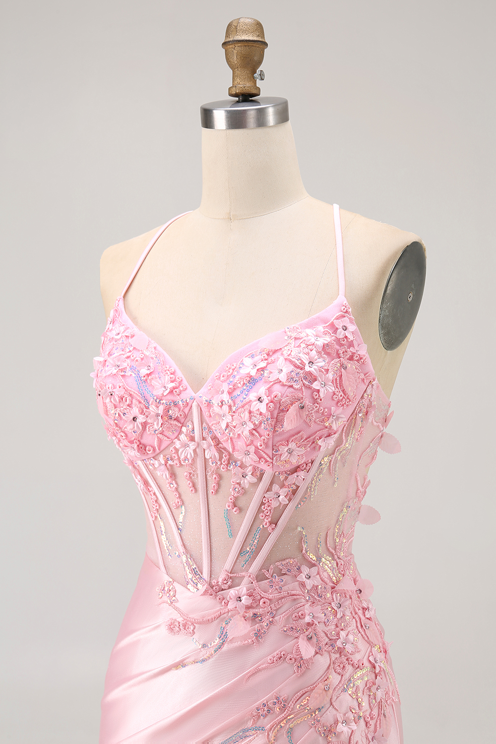 Sparkly Candy Pink Floral Beaded Ruched Tight Short Corset Homecoming Dress