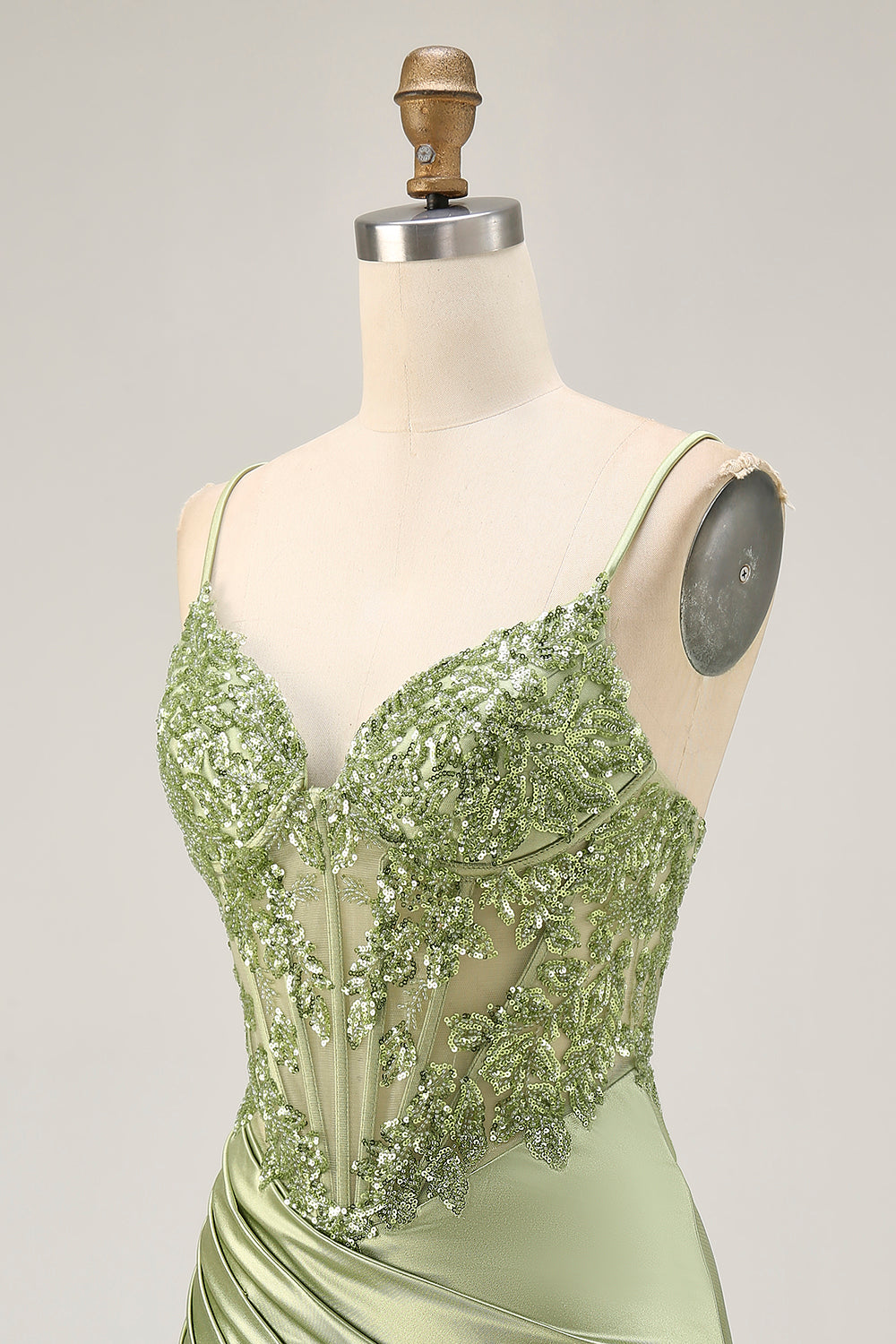 Sparkly Sage Green Satin Appliqued Tight Short Corset Homecoming Dress