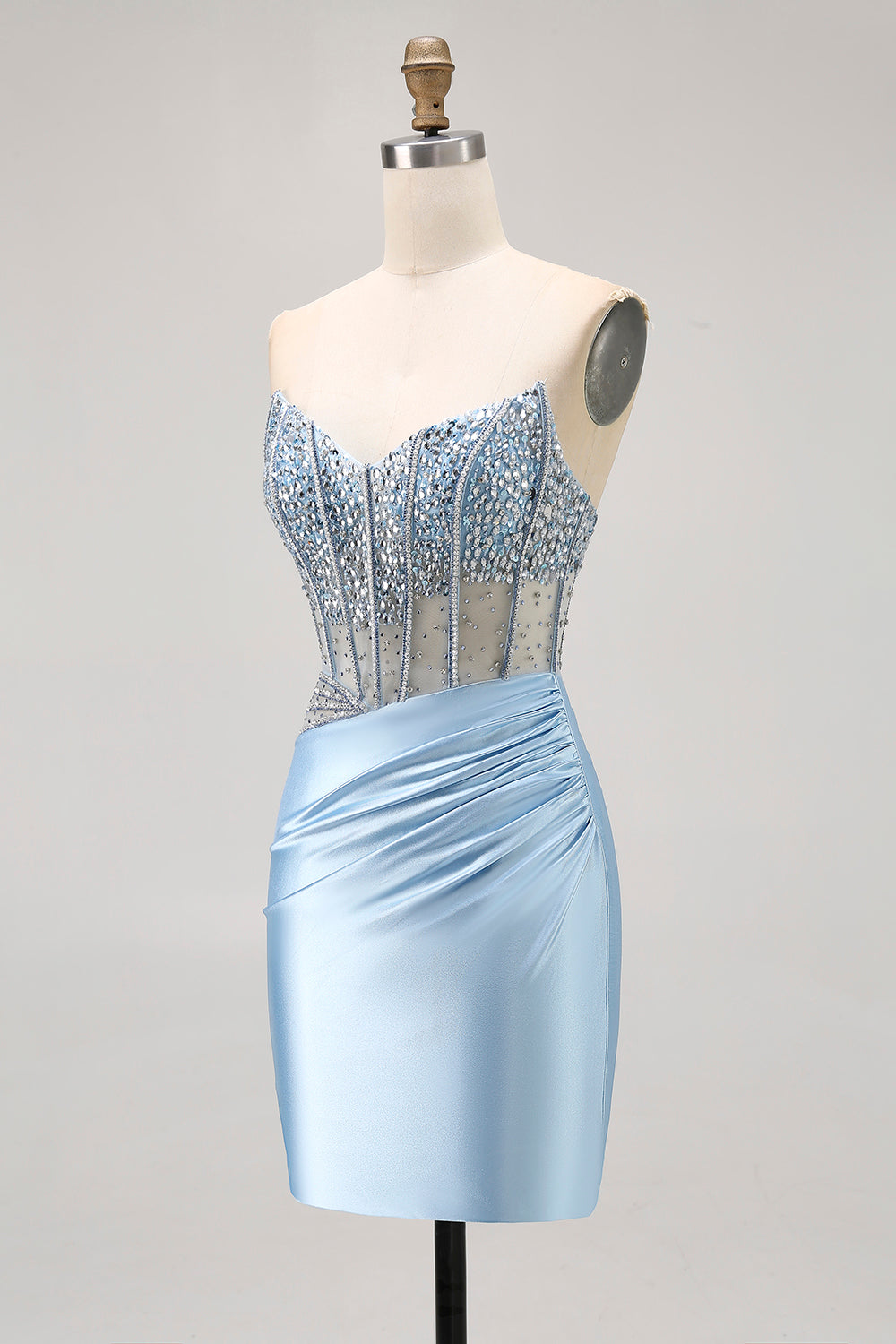 Sparkly Light Blue Tight Ruched Short Corset Homecoming Dress with Rhinestones