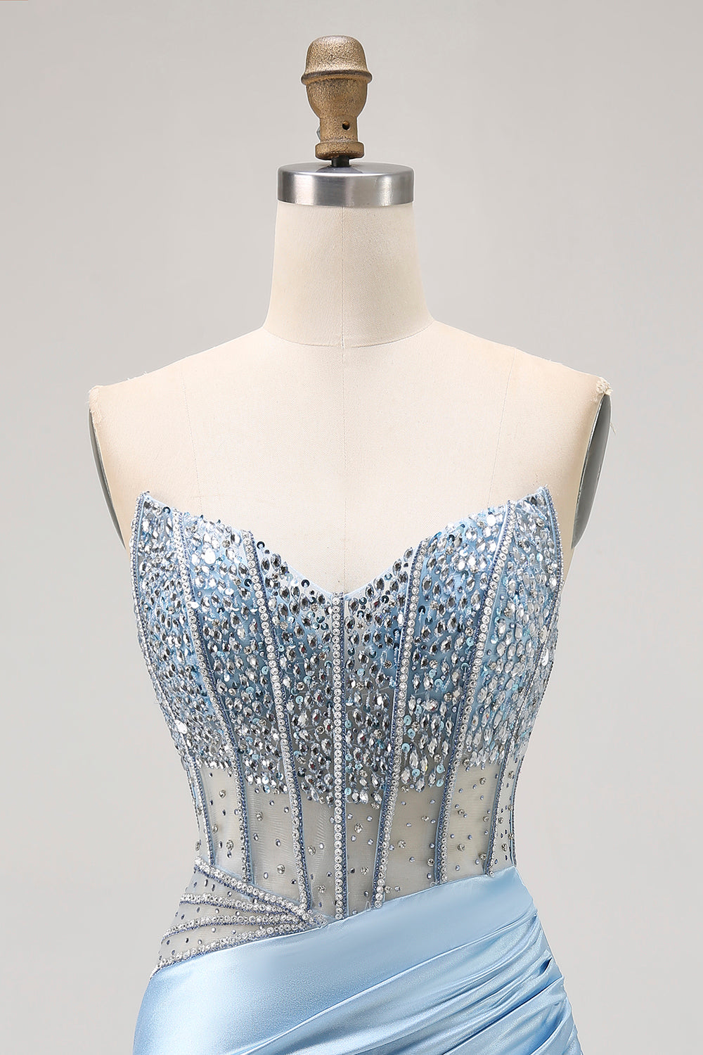 Sparkly Light Blue Tight Ruched Short Corset Homecoming Dress with Rhinestones