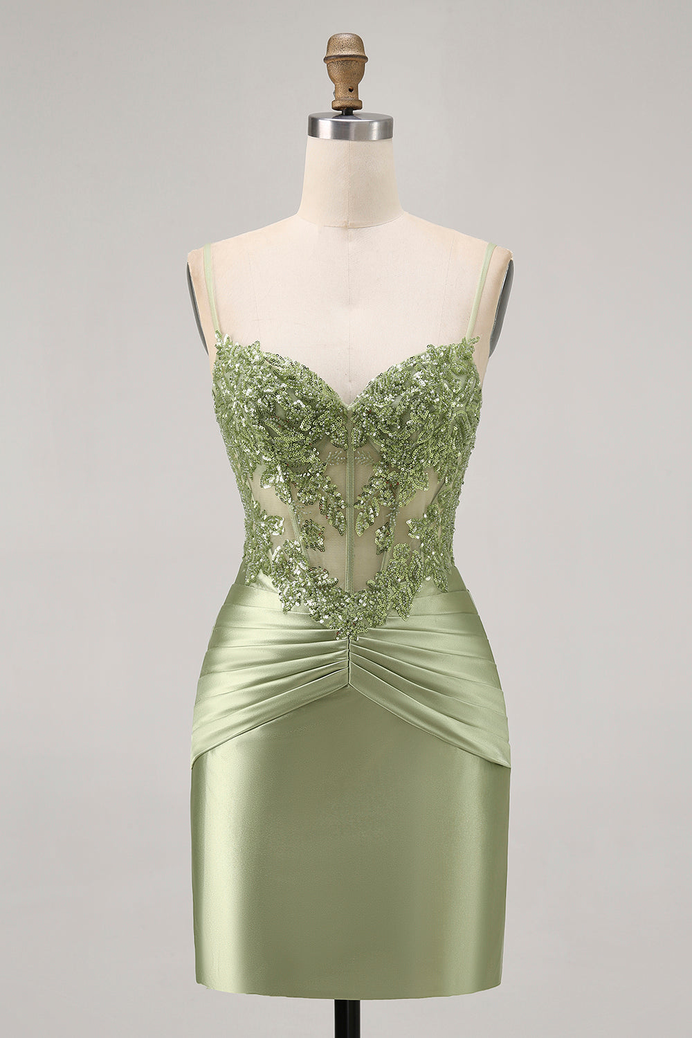 Sparkly Satin Green Tight Short Corset Homecoming Dress with Beading