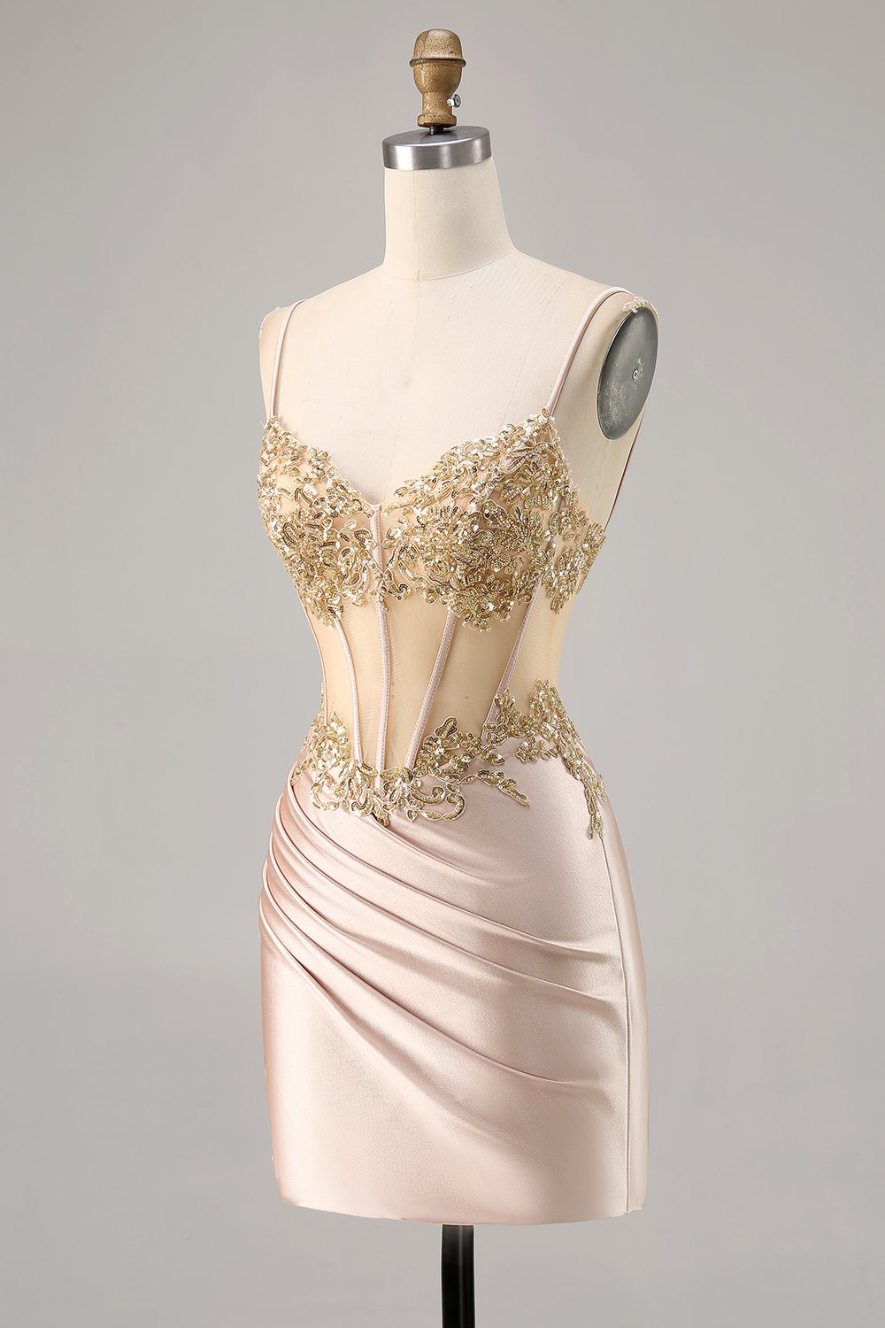 Sparkly Champagne Corset Ruched Tight Short Homecoming Dress with Lace