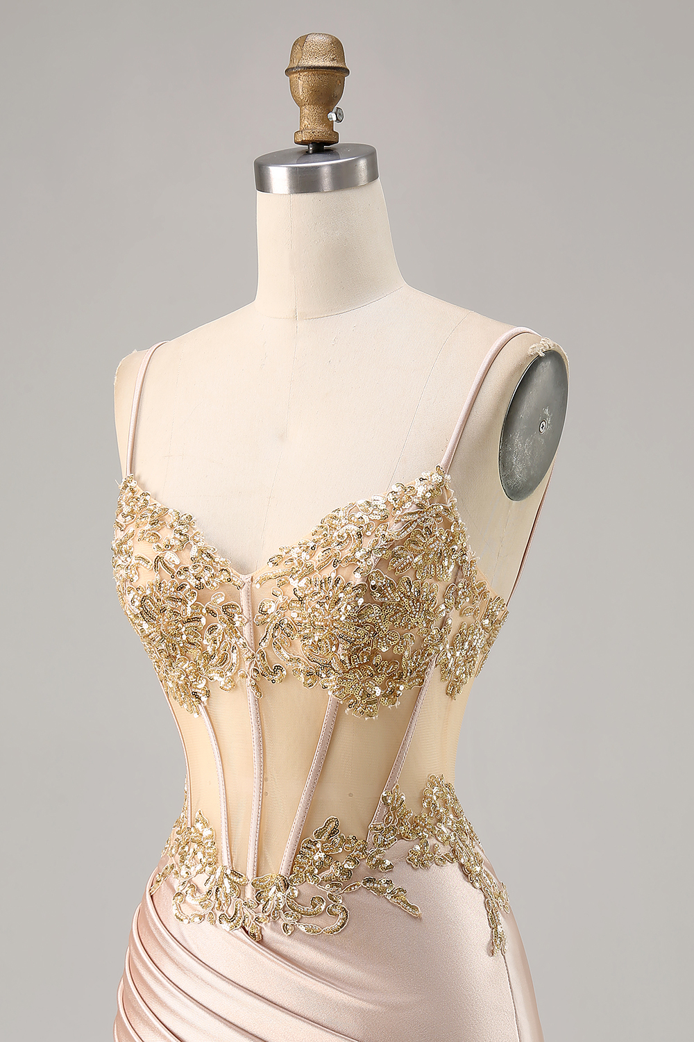 Sparkly Champagne Corset Ruched Tight Short Homecoming Dress with Lace