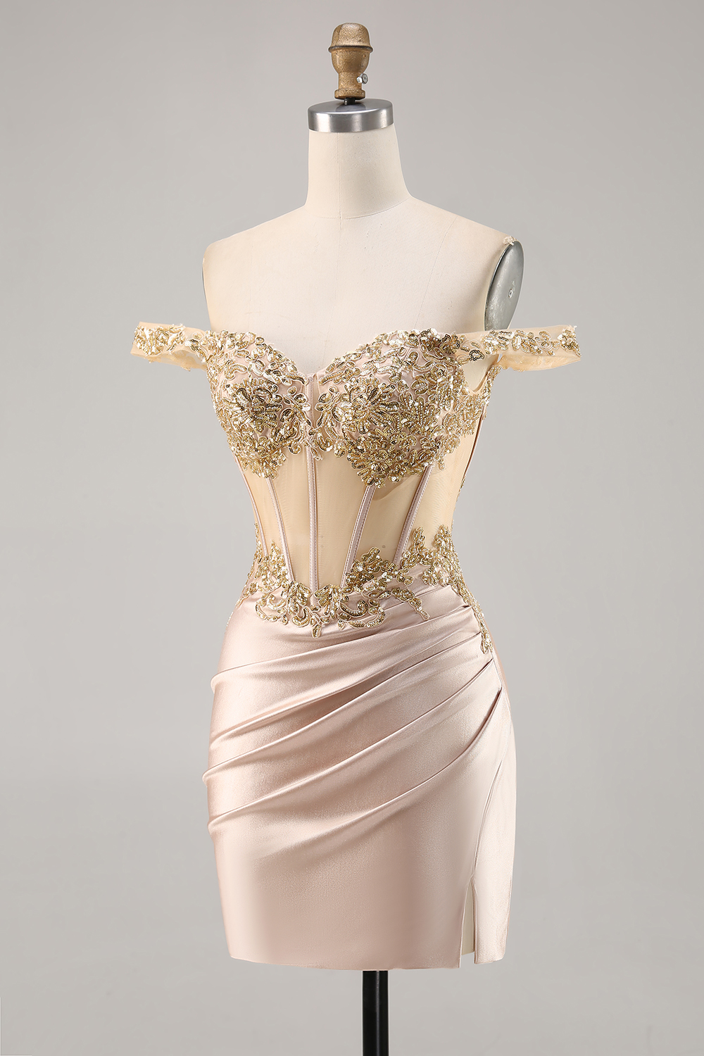 Sparkly Champagne Satin Corset Short Tight Homecoming Dress with Lace