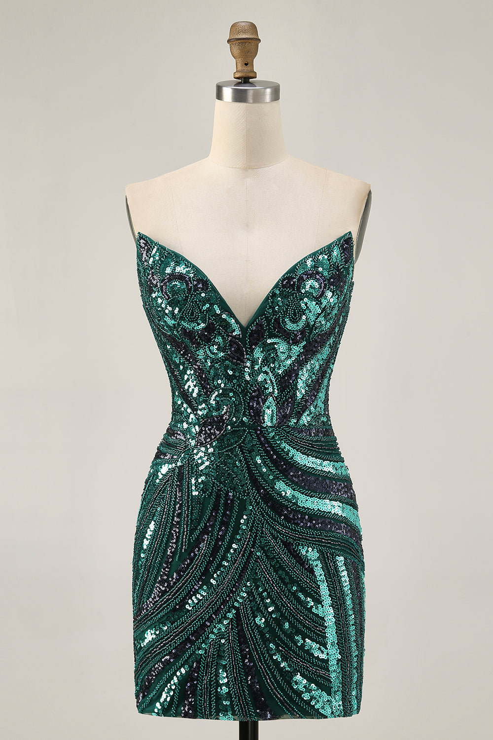 Sparkly Dark Green Strapless Tight Short Beaded Homecoming Dress