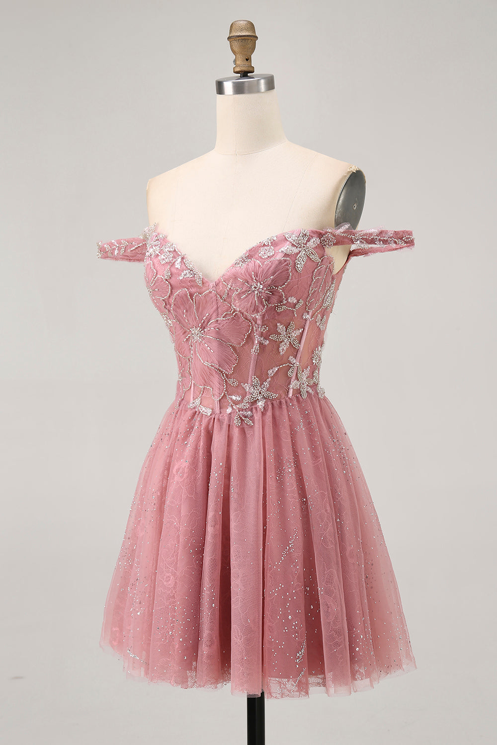 Sparkly Dusty Rose Lace Floral Short Corset Homecoming Dress